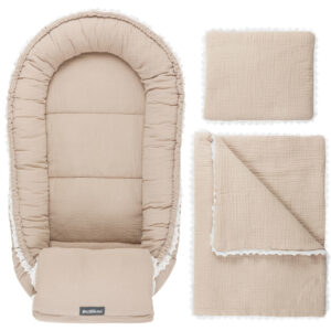 Ensemble de 3 pièces Baby Shower <i> Cuddly Muslin Beige </i> avec enveloppe decorative : oreiller et cousin de bras Ensemble de 3 pièces Baby Shower <i> Cuddly Muslin Beige </i> avec enveloppe decorative : oreiller et cousin de bras